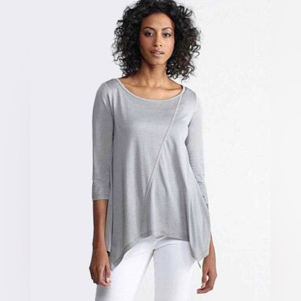 Eileen Fisher 3/4 Sleeve Asymmetric Hem Silk Cotton Tunic Gray Size Small